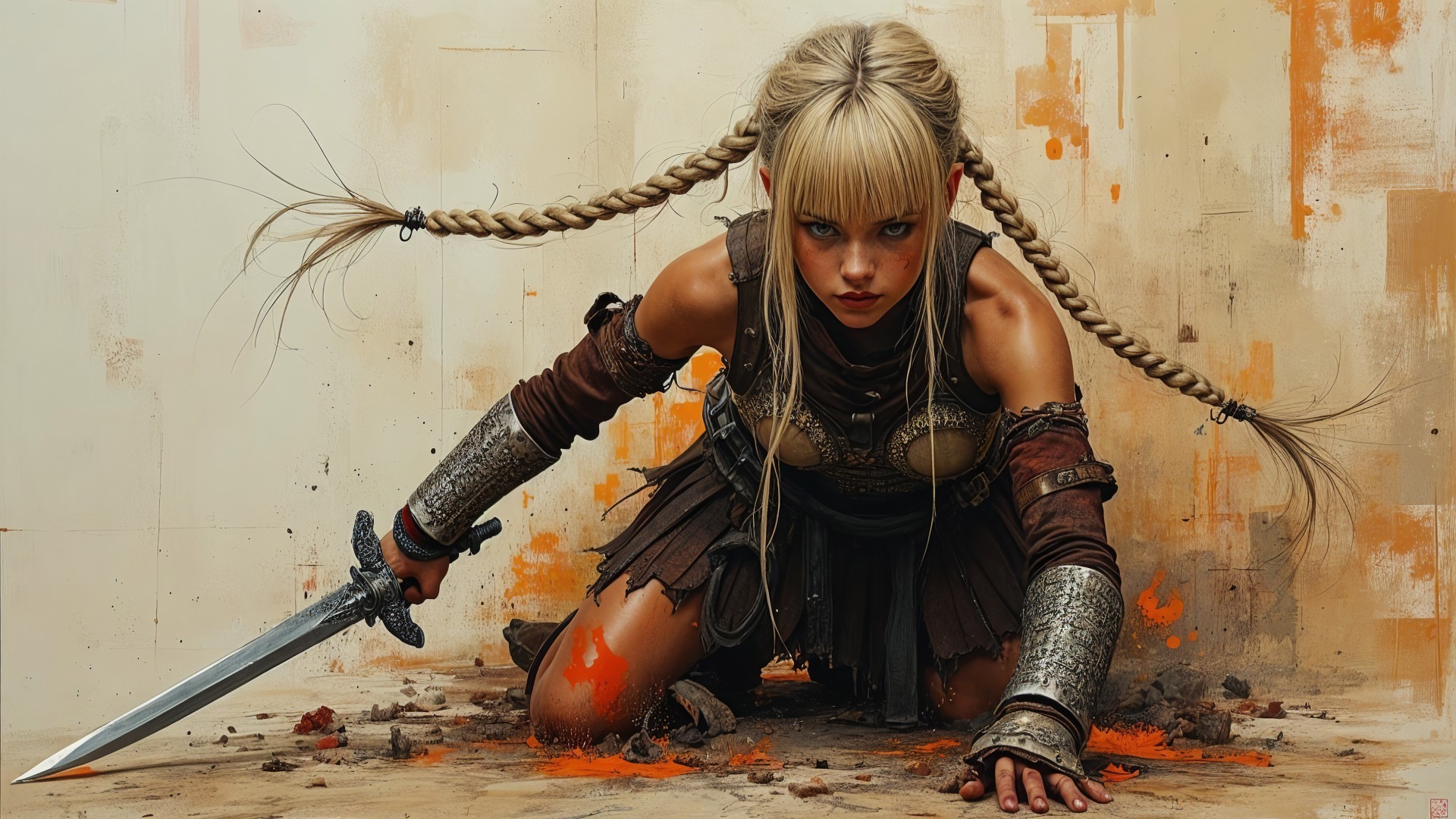 Fierce Female Warrior in Armor with Sword and Gaze