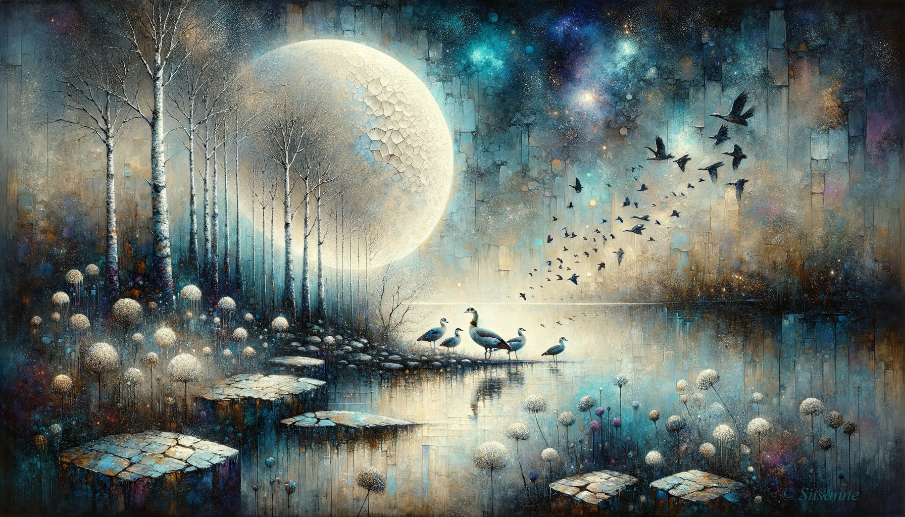 Serene Landscape with Moonlit Lake and Silhouetted Birds