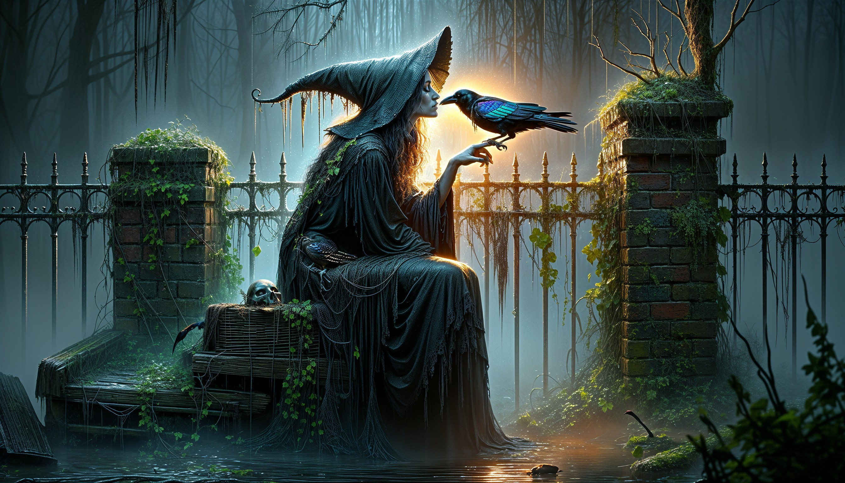 Mysterious Witch with Crow in Enchanted Forest Scene