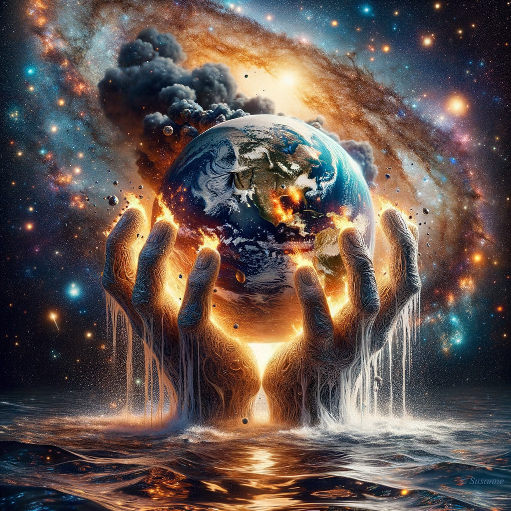 Surreal Earth cradled by luminous hands in cosmic scene