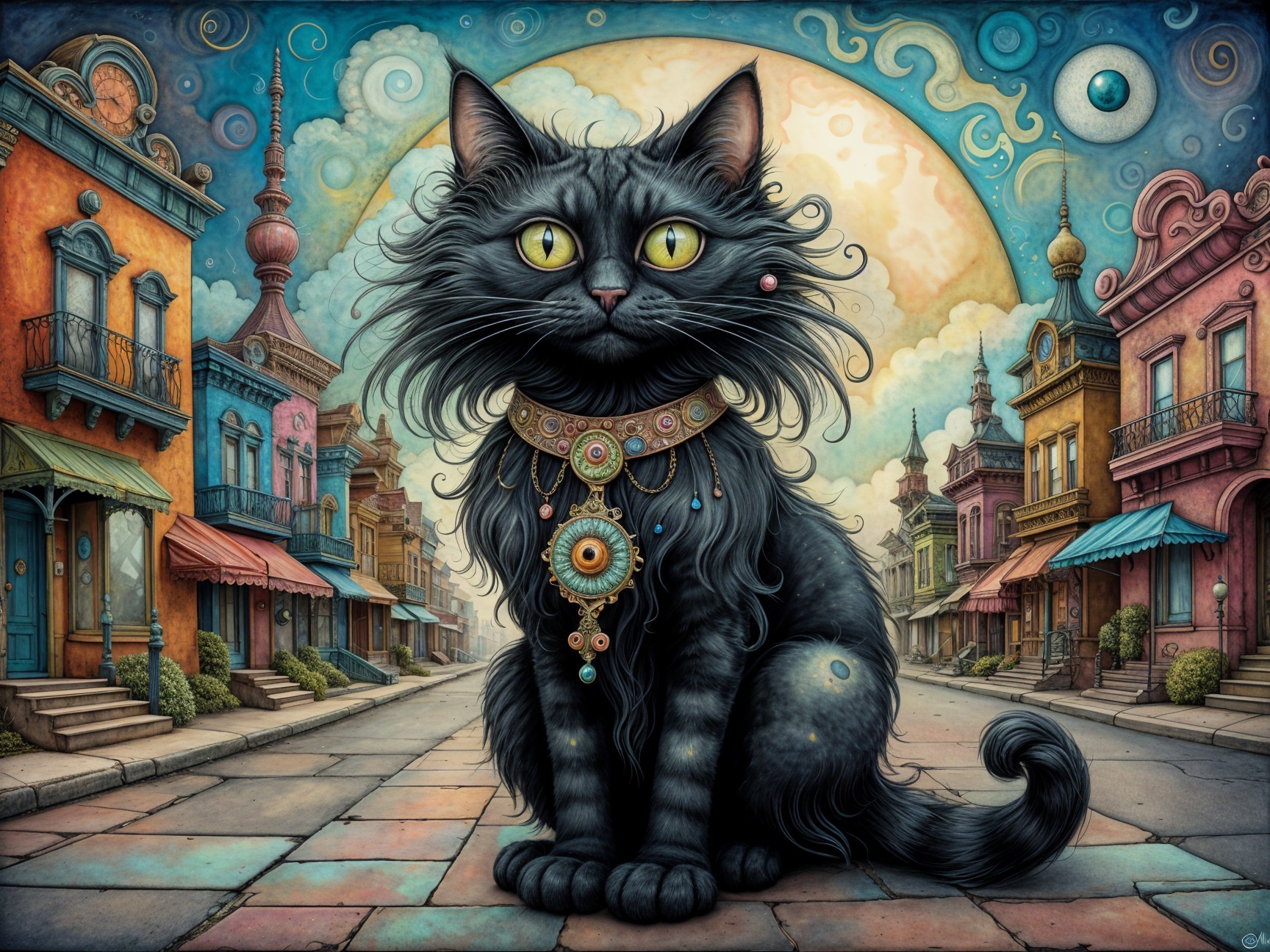 Regal Black Cat in a Colorful Street Scene