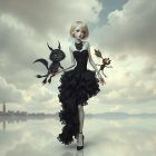 Whimsical Girl in Black Gown with Balloon Landscapes