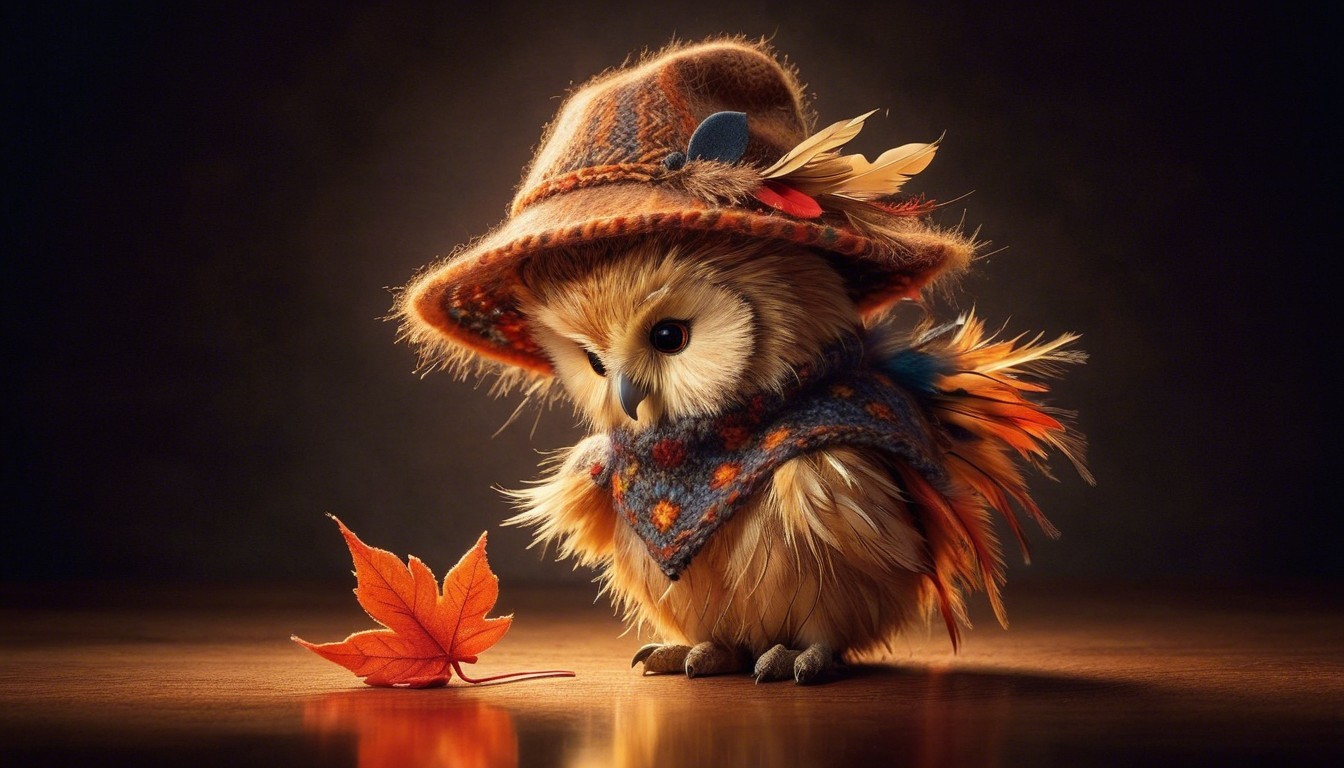 Small Owl in Handmade Hat with Autumn Leaf Nearby