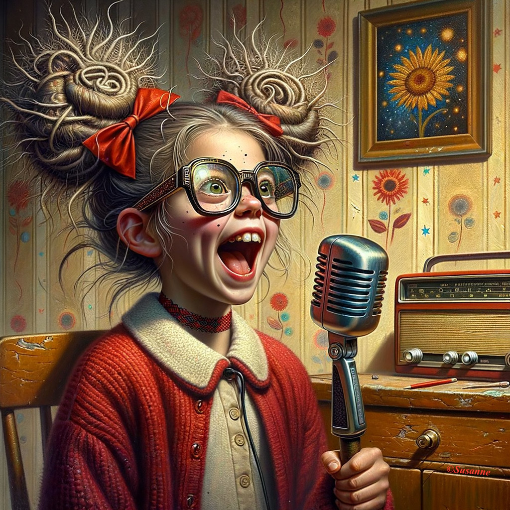 Girl in vintage attire singing with retro elements