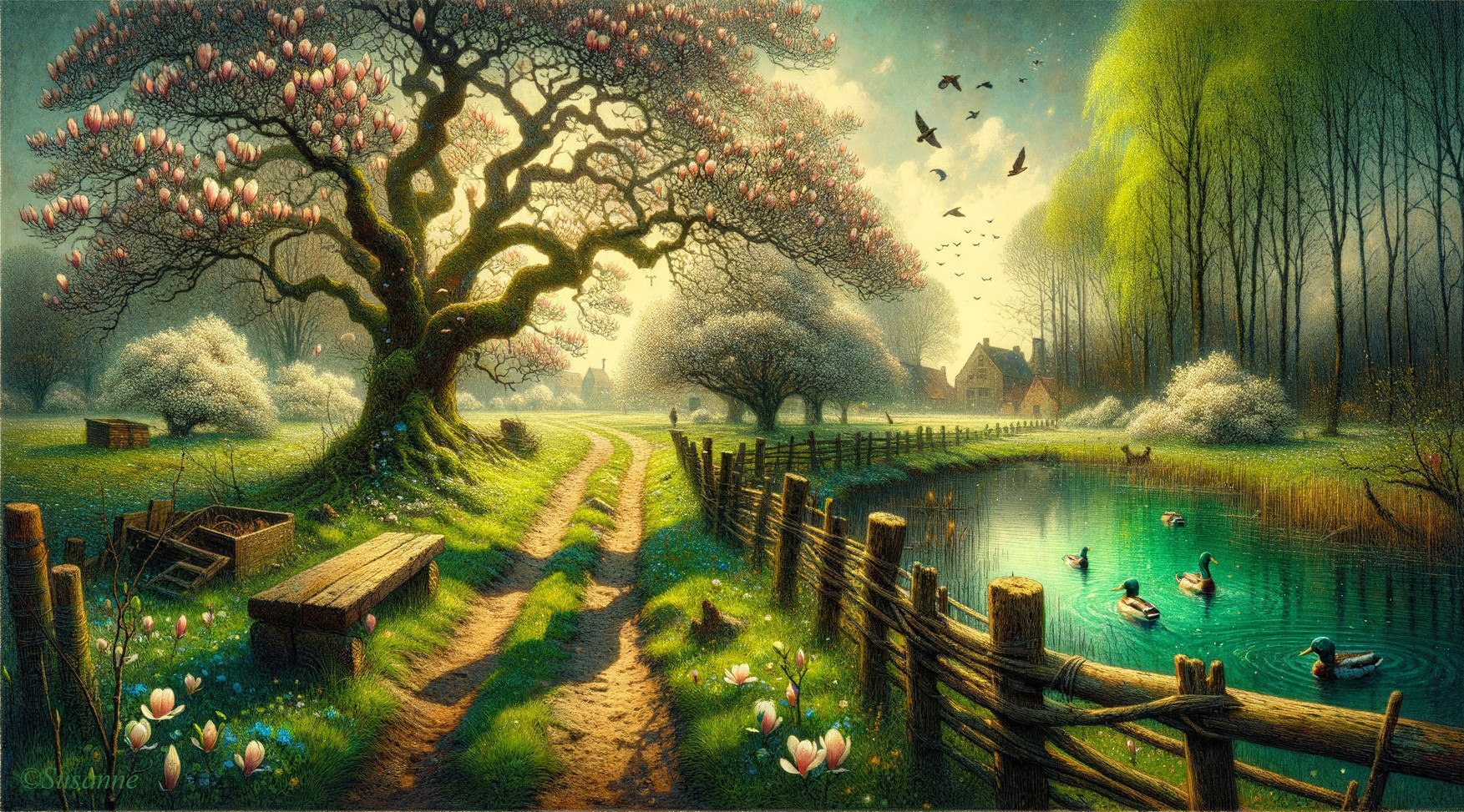 Serene Landscape with Blossoming Tree and Pond