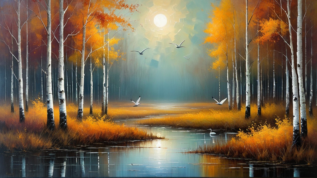 Autumn Landscape with Birch Trees and Calm River