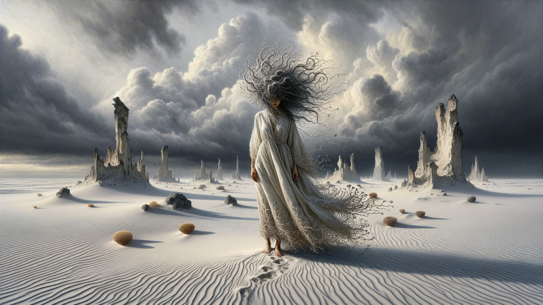 Lone Figure in Otherworldly Landscape with Dark Sky