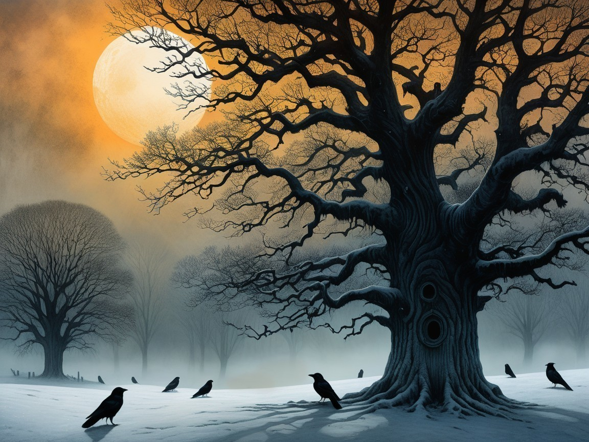 Haunting Winter Scene with Moon and Ravens