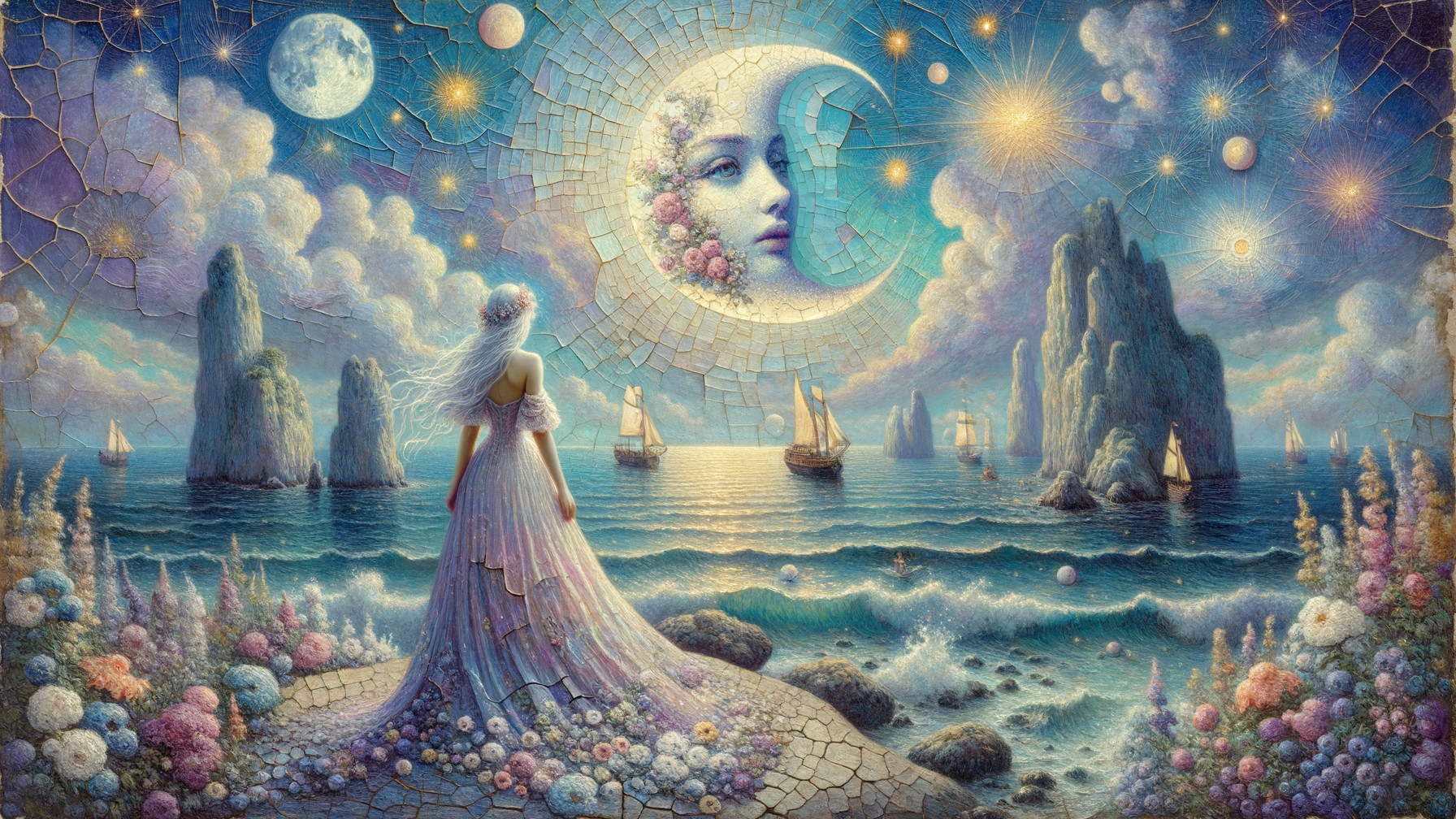 Serene landscape with woman, moon, and tranquil sea