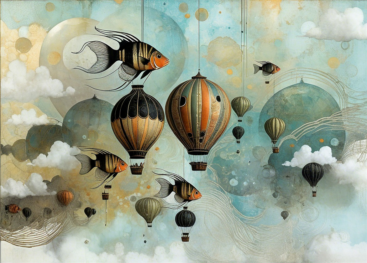 Colorful Hot Air Balloons and Fish in Dreamlike Sky