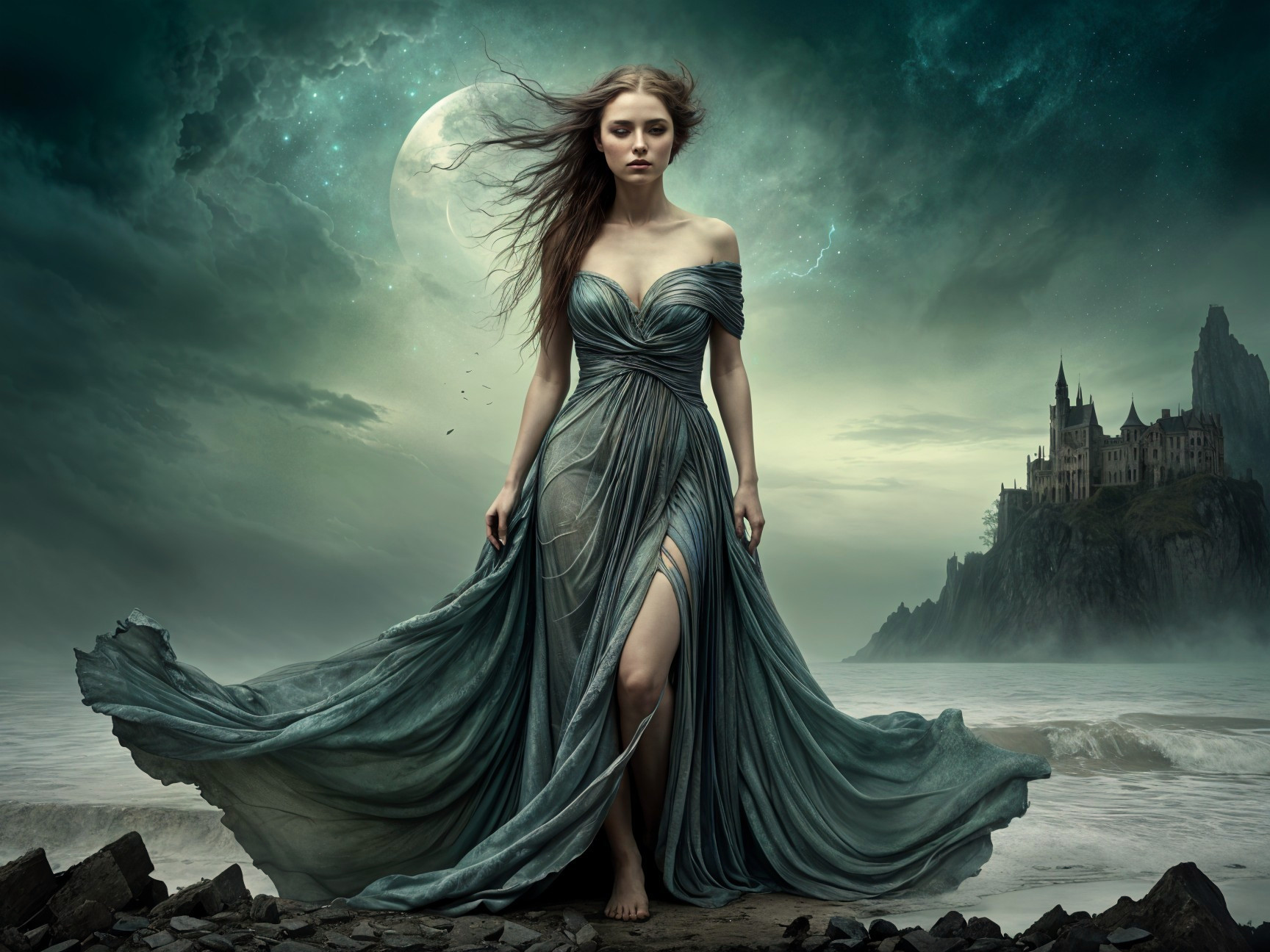 Mysterious Woman on Rocky Shoreline with Castle Backdrop