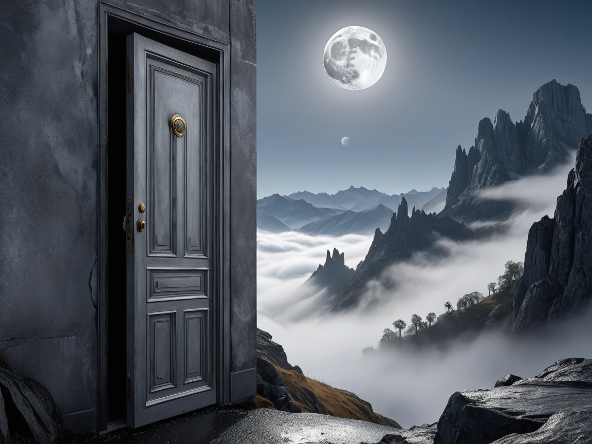 Mysterious Door on Rocky Ledge with Moonlit Landscape