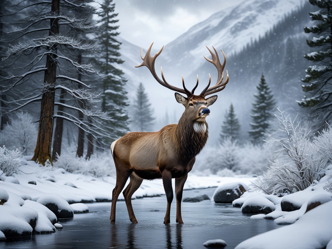 Majestic stag in serene snow-covered landscape