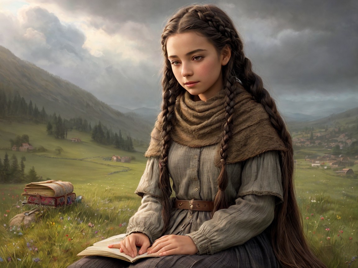 Young girl in meadow with book and serene landscape