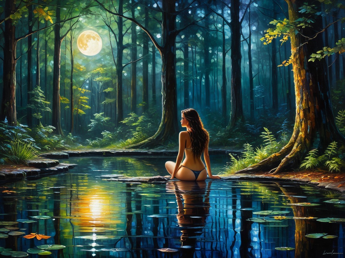 Serene Forest Scene with Moonlit Reflection and Woman