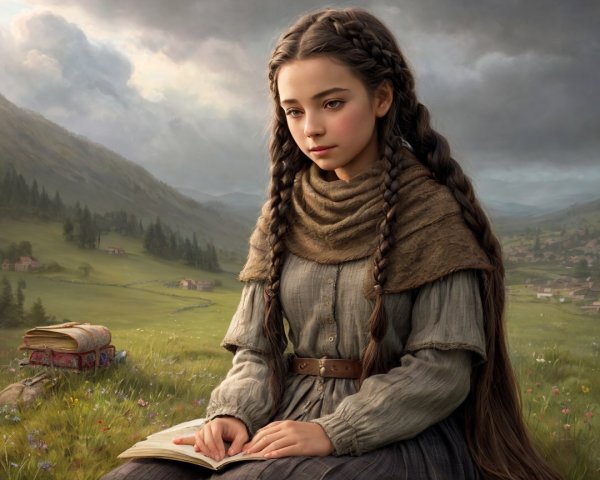 Young girl in meadow with book and serene landscape
