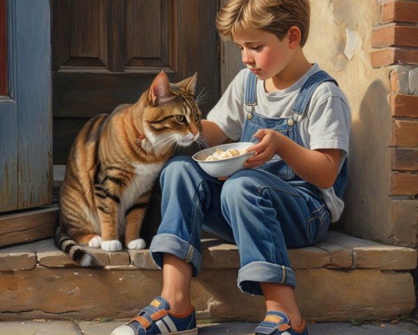 Young boy shares food with tabby cat on stone steps