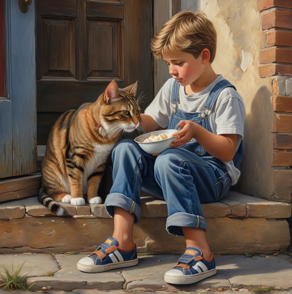Young boy shares food with tabby cat on stone steps
