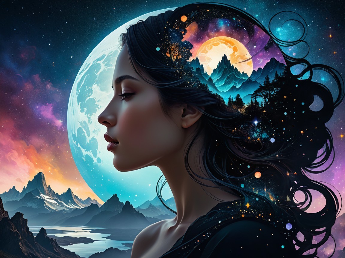 Profile of a Young Woman in a Cosmic Landscape