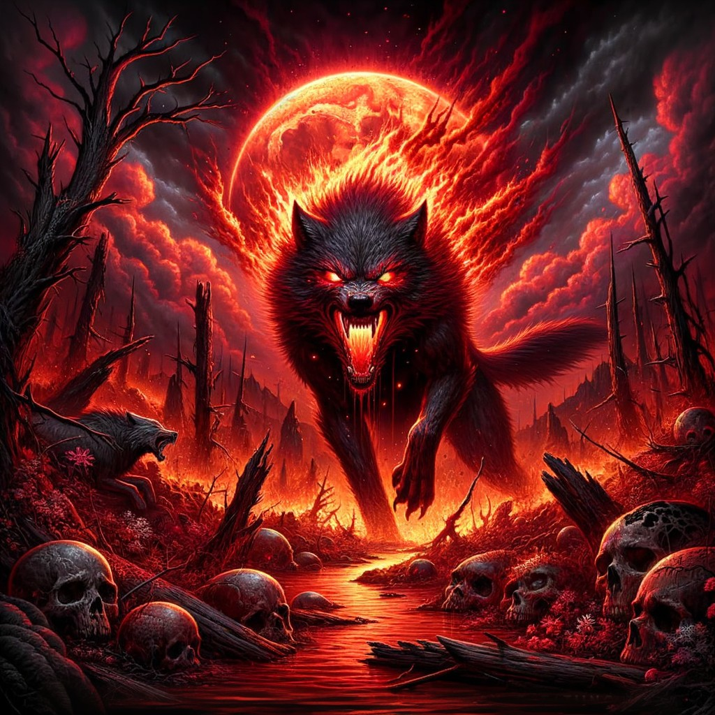 Black wolf with fiery energy in dark landscape