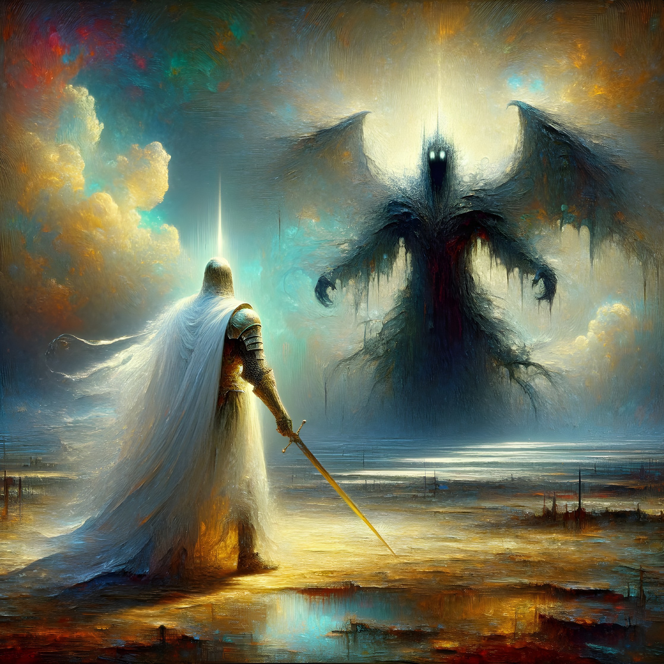Knight in White Robes Faces Dark Monstrous Figure