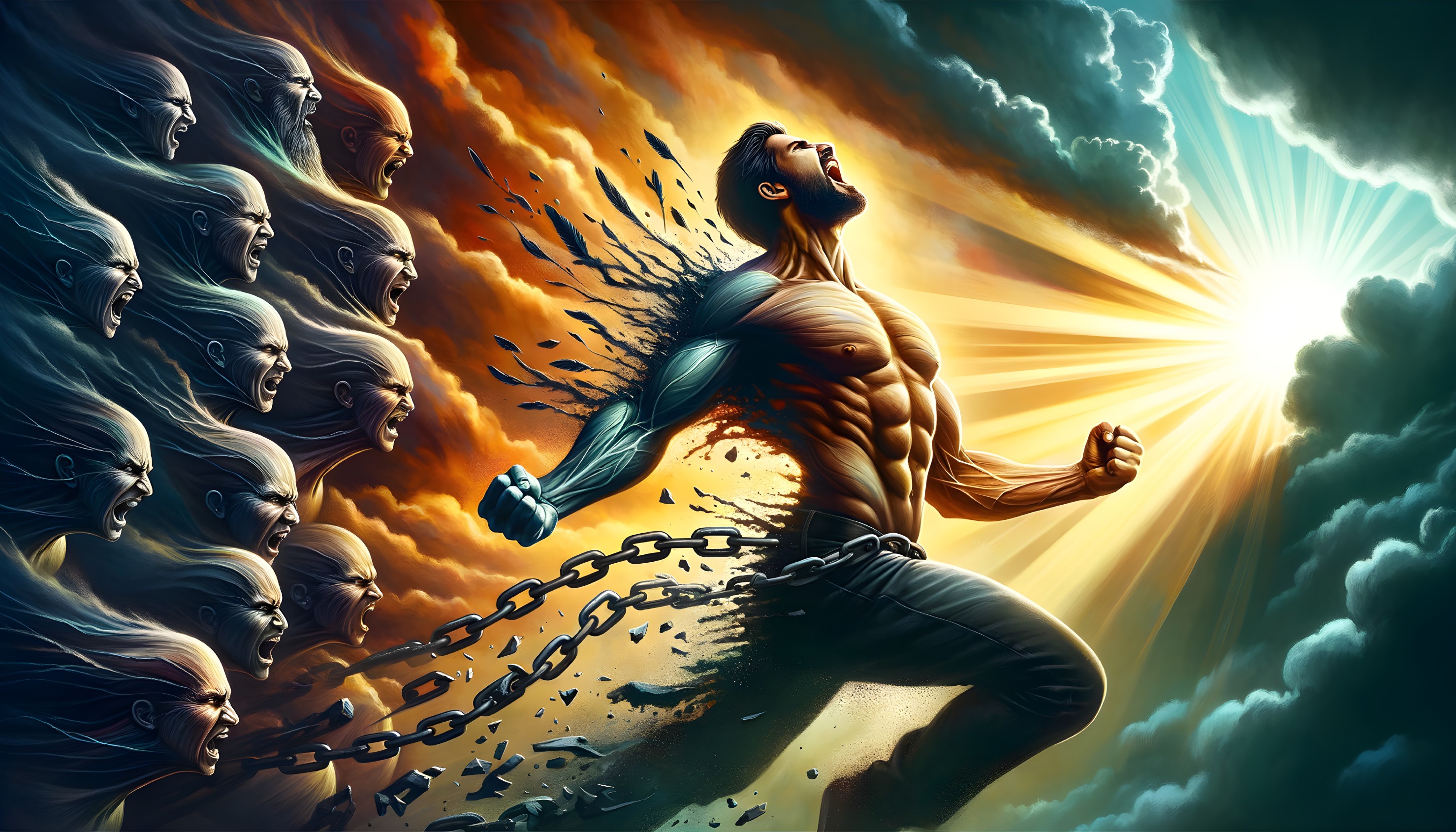 Muscular Man Breaking Free from Chains Symbolizing Empowerment