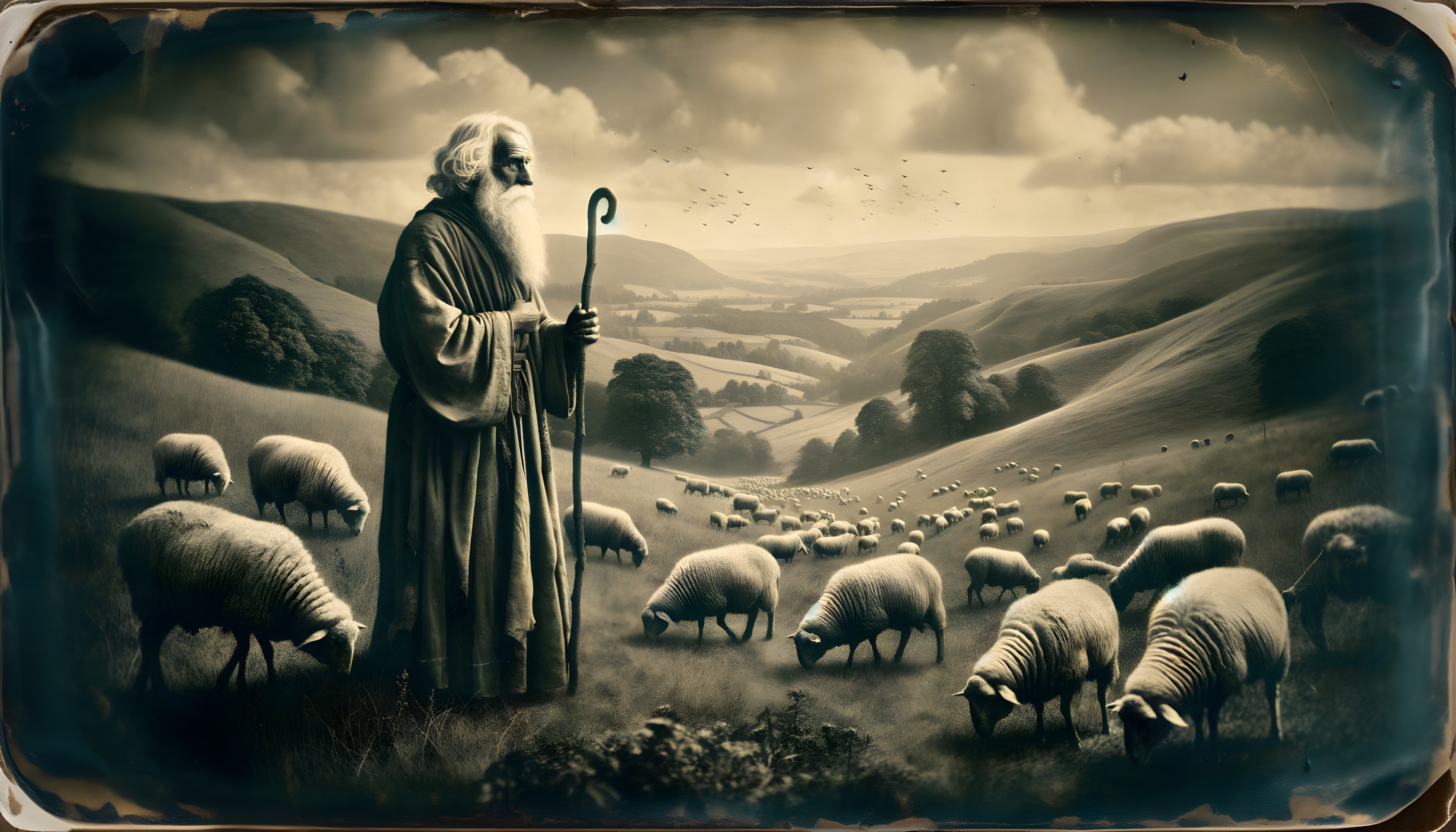 Elderly Figure Overlooking Sheep in Pastoral Landscape
