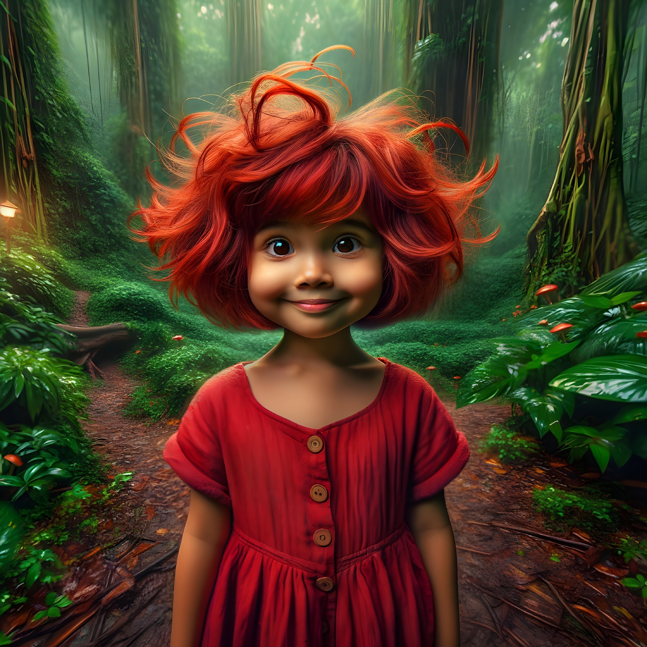 Cheerful Girl in Bright Red Dress in Forest Setting