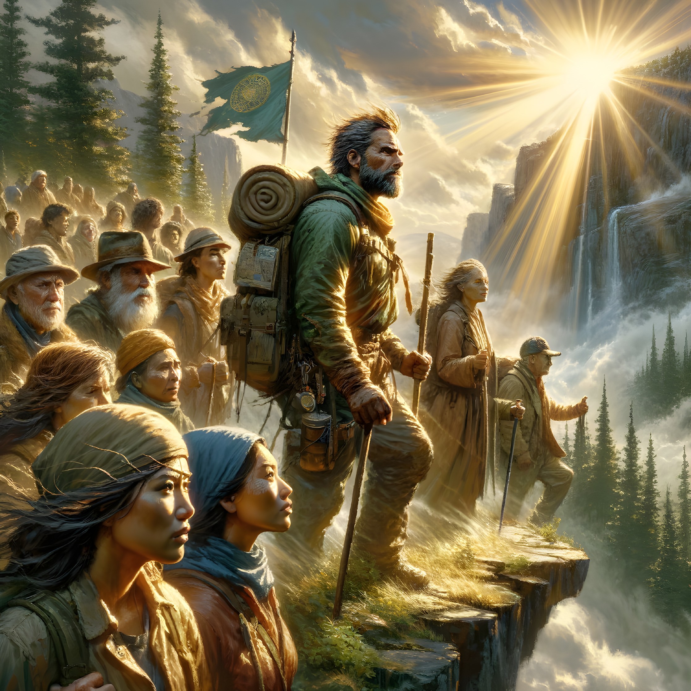 Travelers at a Cliff Overlooking Waterfalls and Landscape