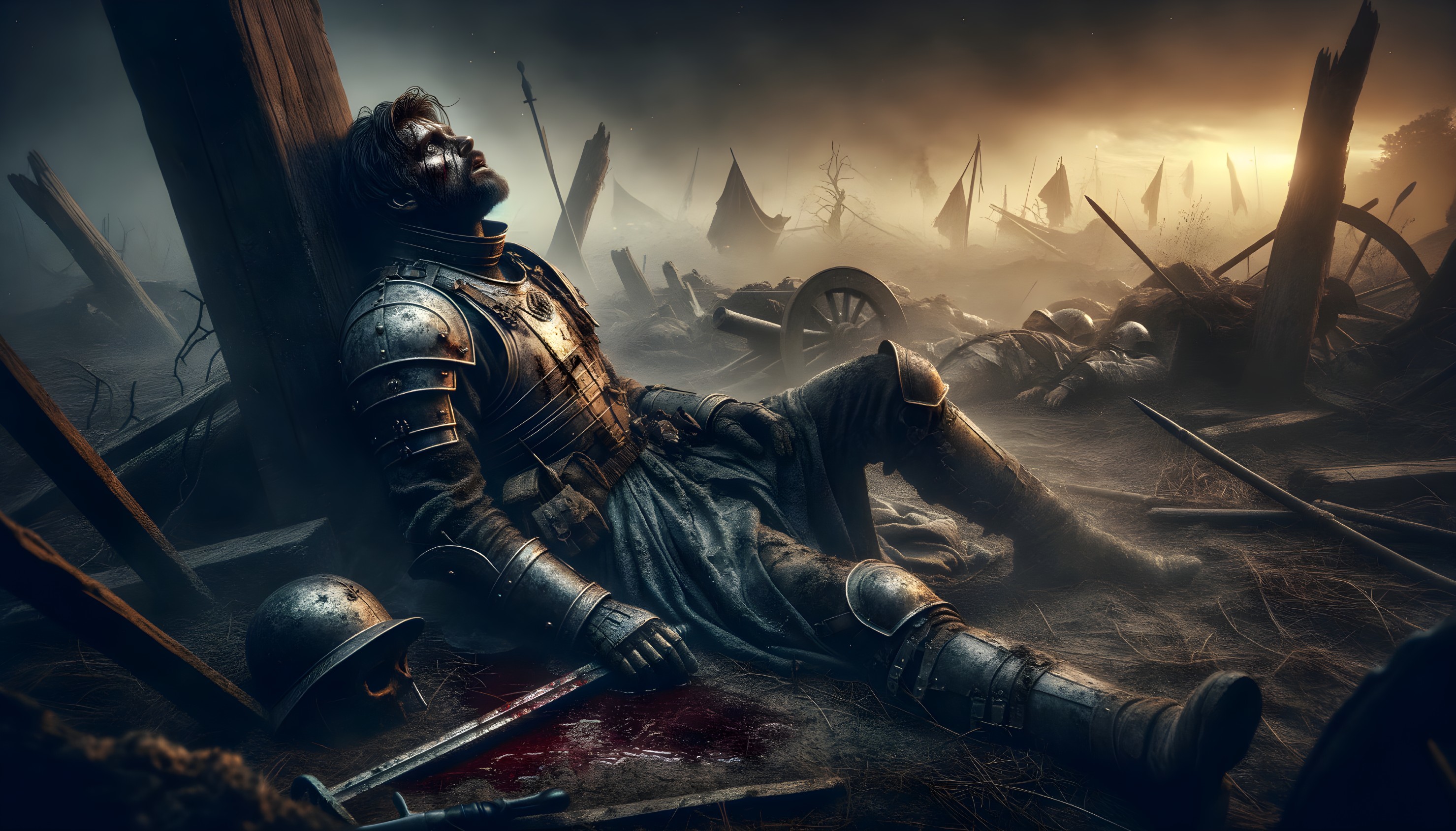 Knight in Tarnished Armor Amidst a Battlefield Aftermath