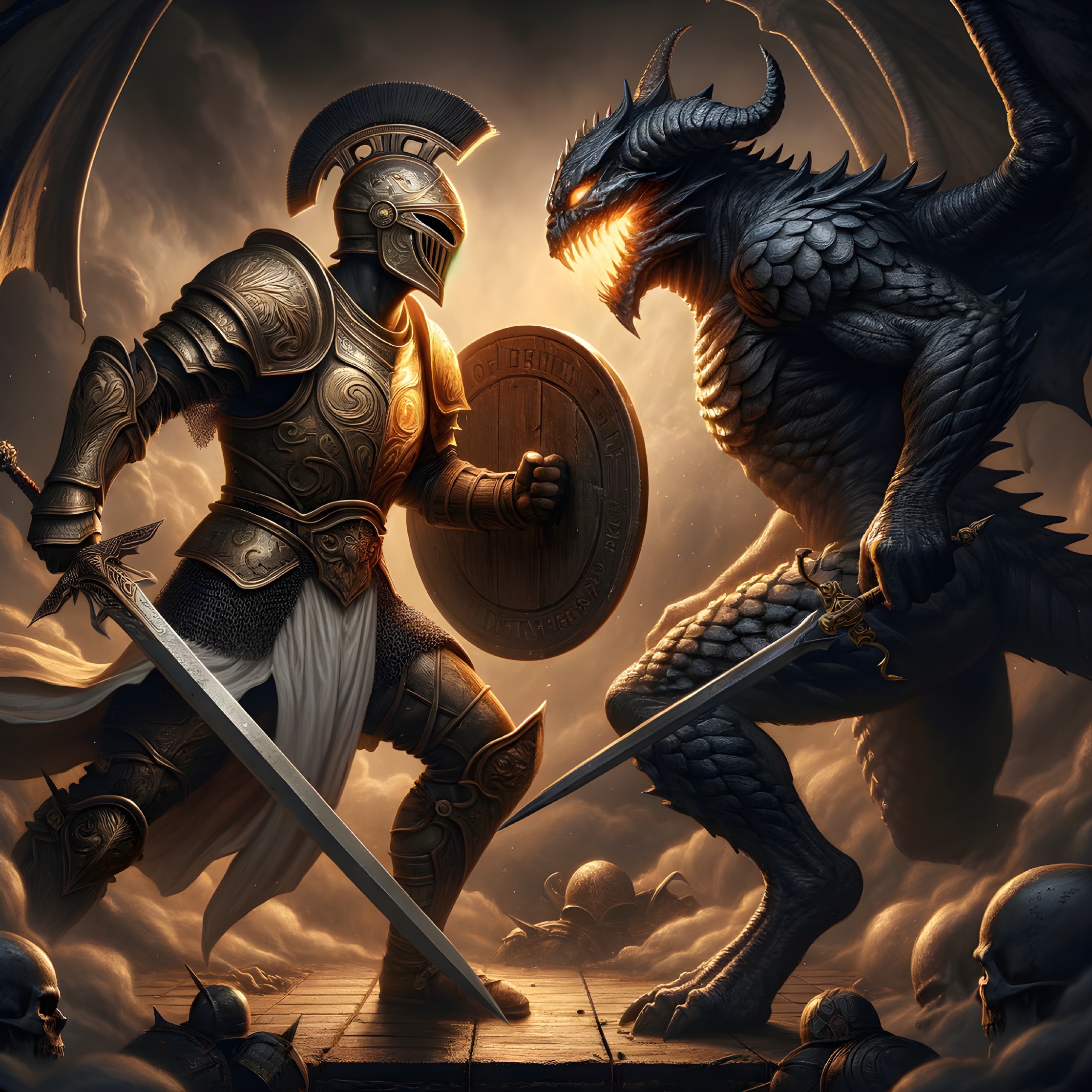 Knight and Dragon Clash in Dark Fantasy Setting