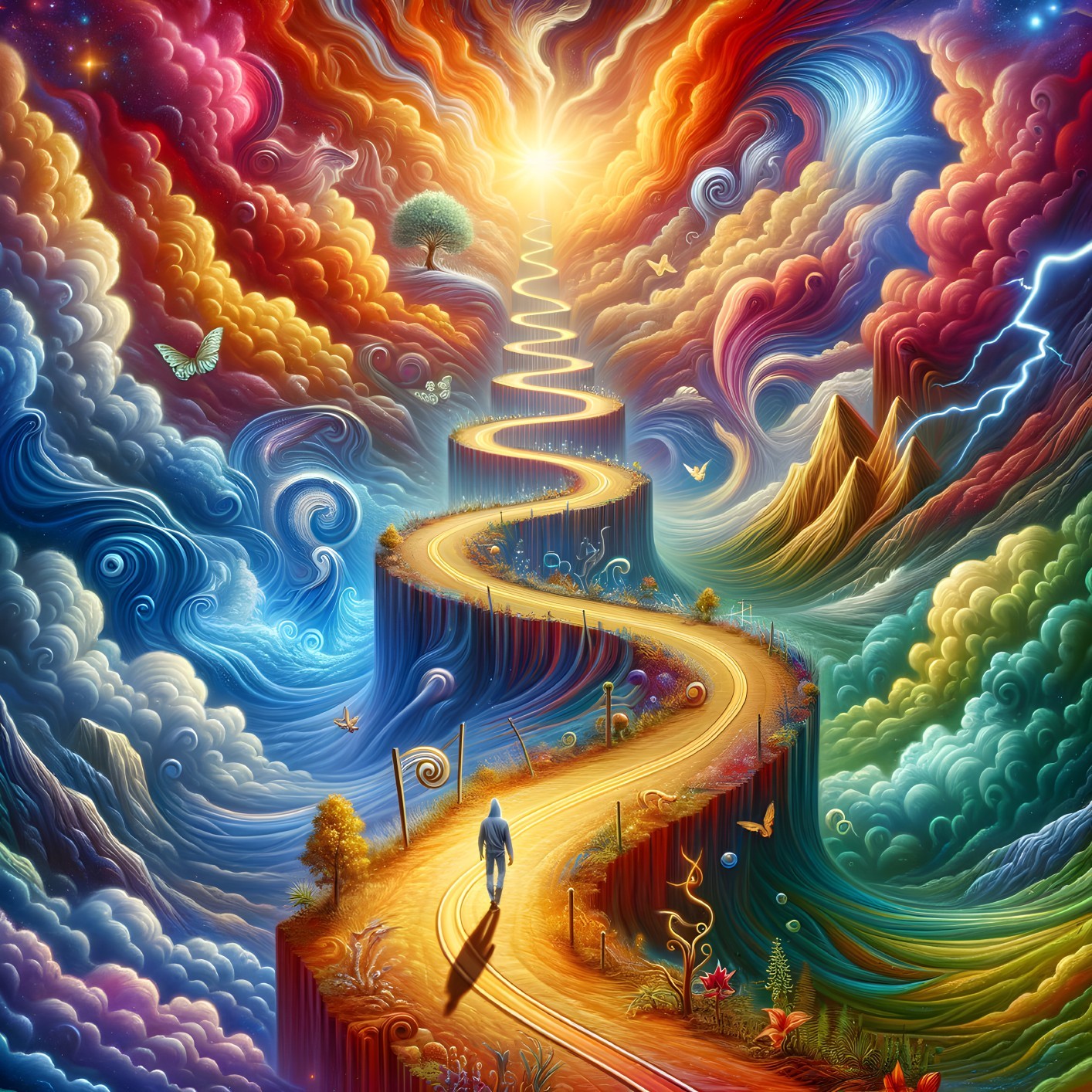 Surreal Landscape with Winding Path and Vibrant Clouds