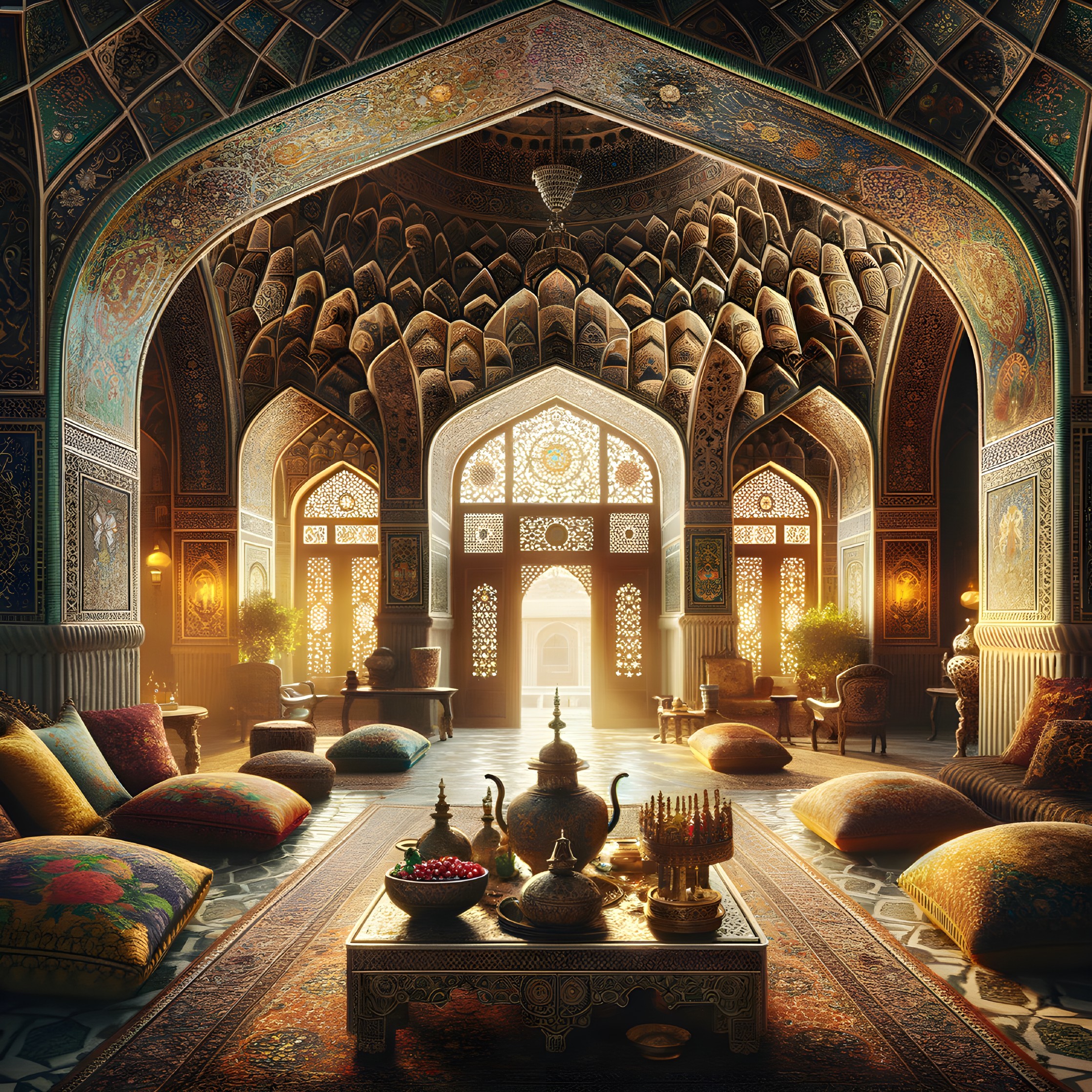Intricate Islamic architecture with colorful patterns, arches, cushions, candles, and fruit bowl