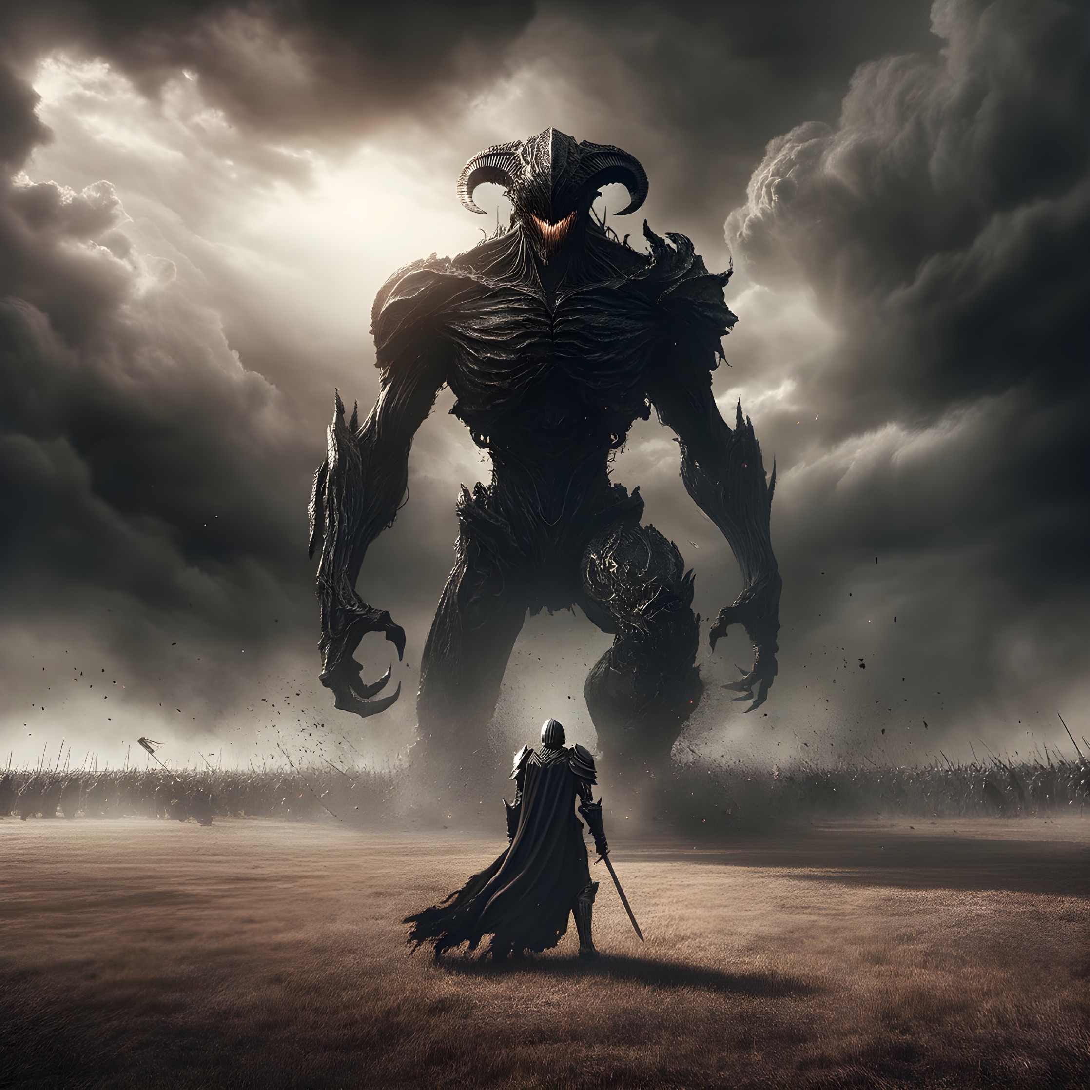 Armored Figure Faces Colossal Dark Creature in Battle
