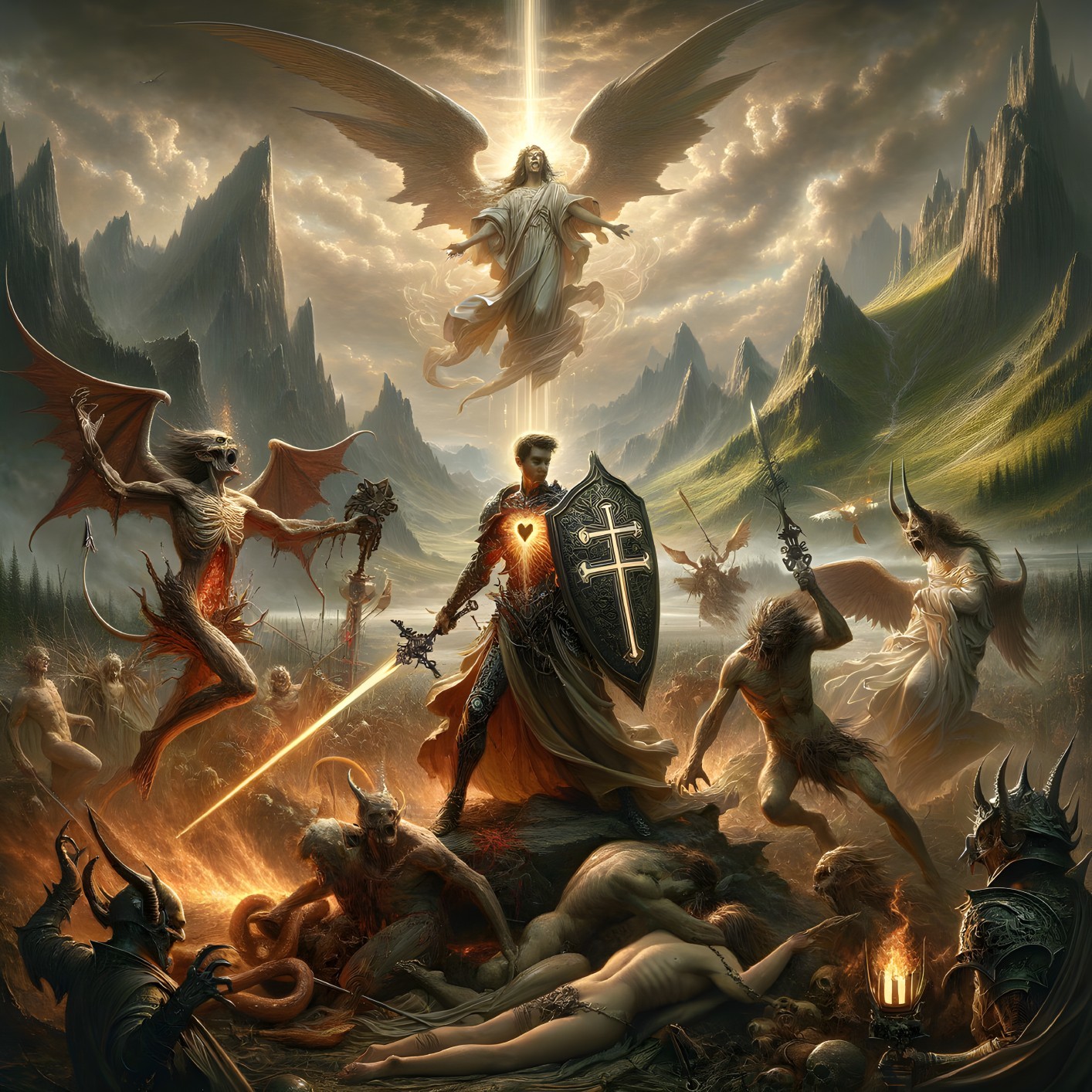 Heroic Figure in Epic Battle of Light and Darkness