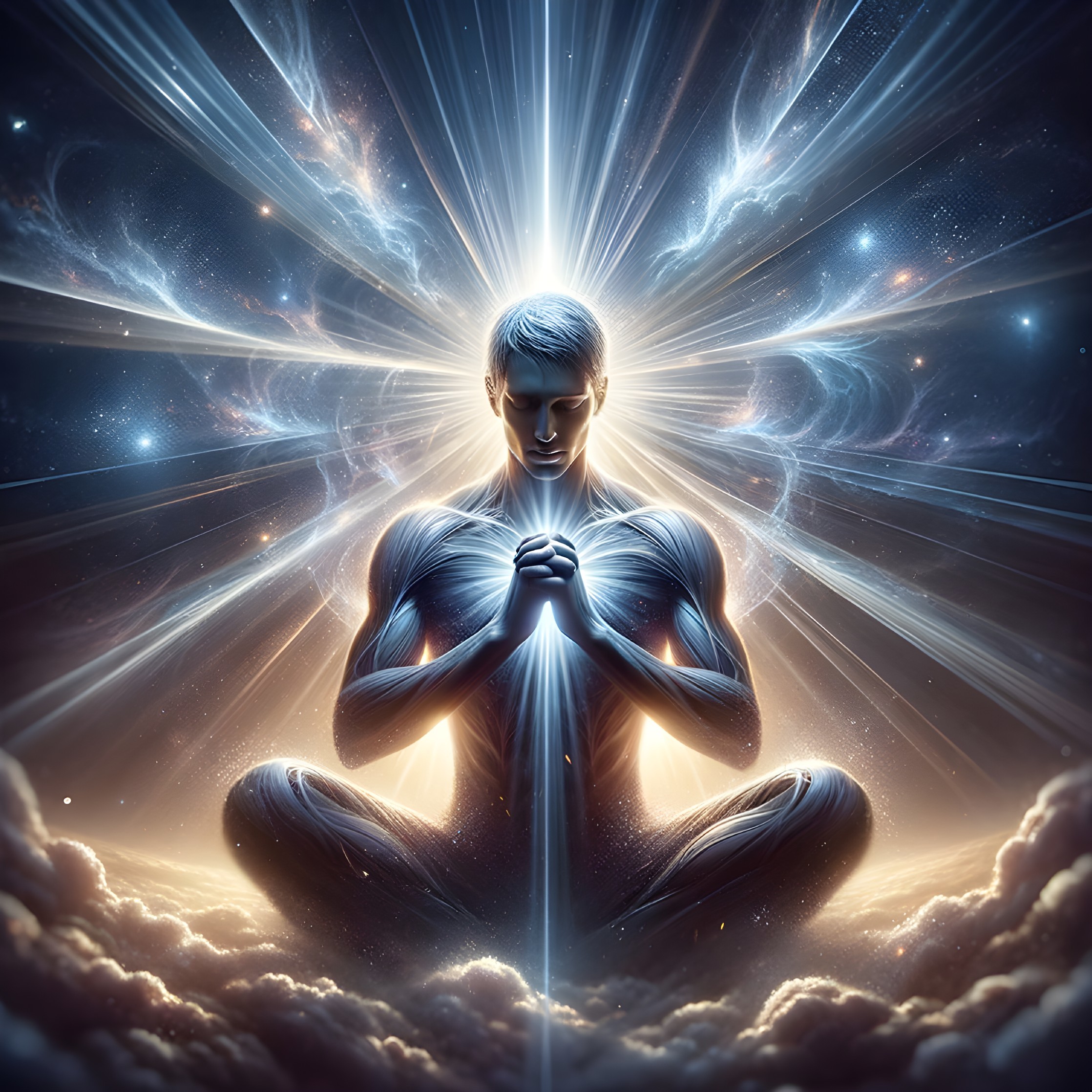 Person meditating with illuminated body in cosmic setting