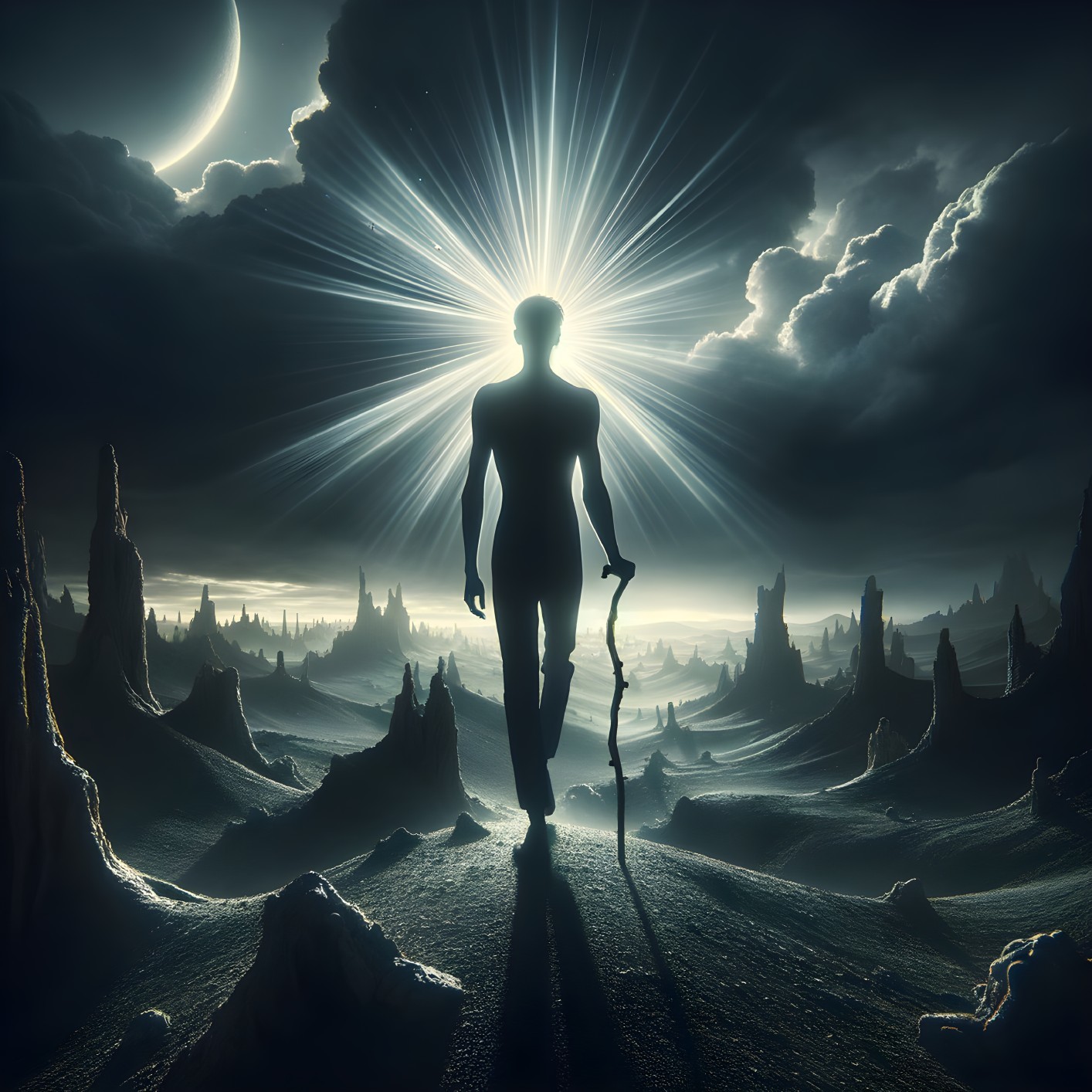 Silhouetted Figure in Ethereal Landscape with Moonlight