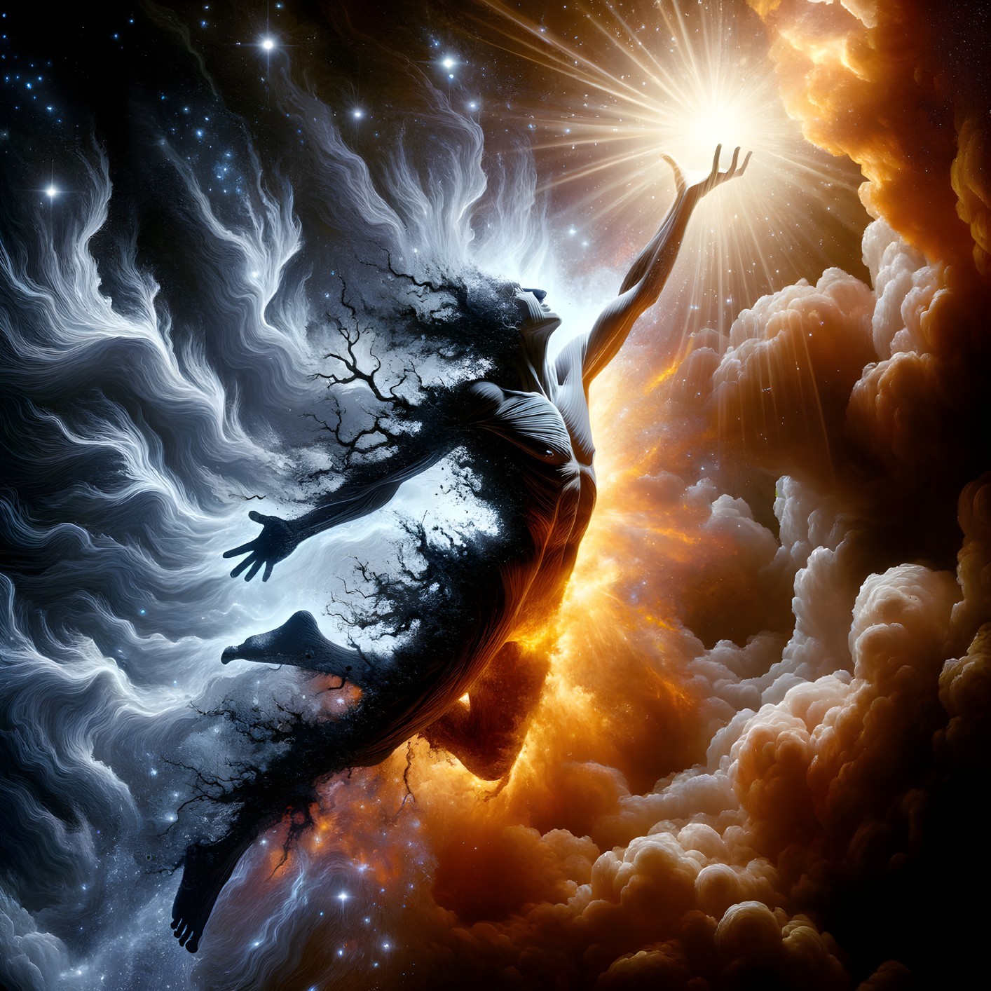 Figure with Dark Hair in Cosmic Light and Clouds