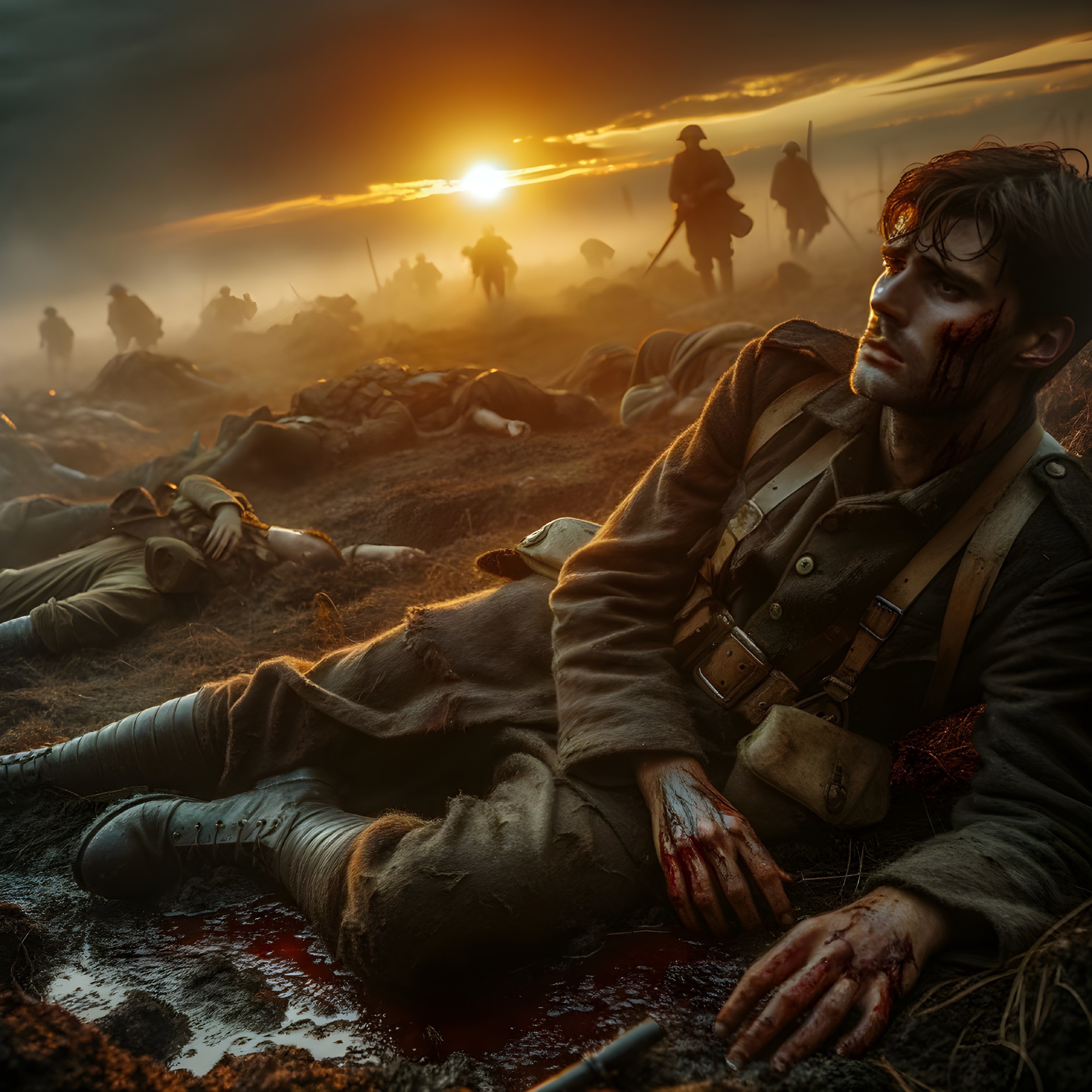 Wounded Soldier on Battlefield at Dusk with Smoke