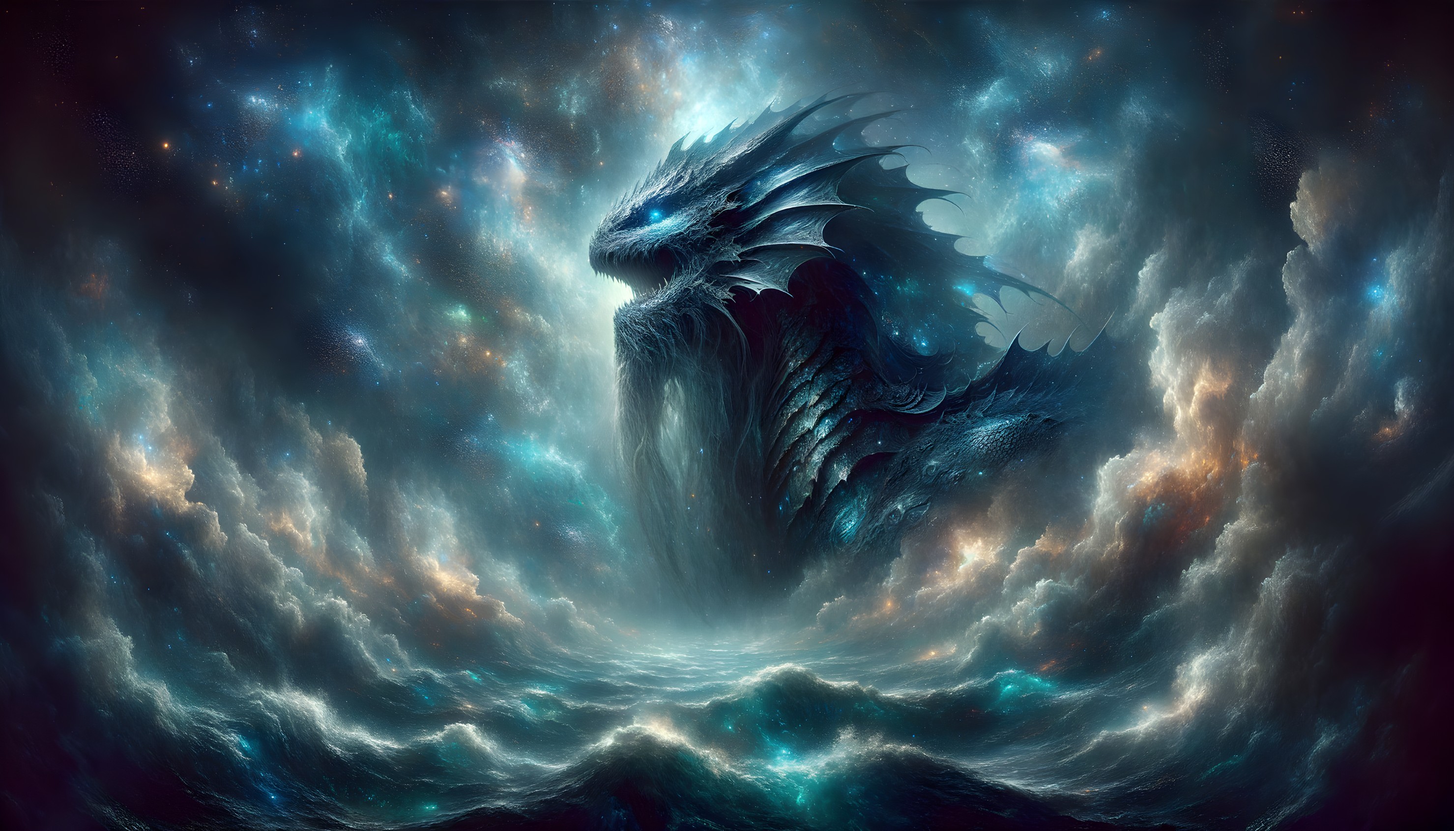 Majestic Dragon Figure in Cosmic Cloudscape