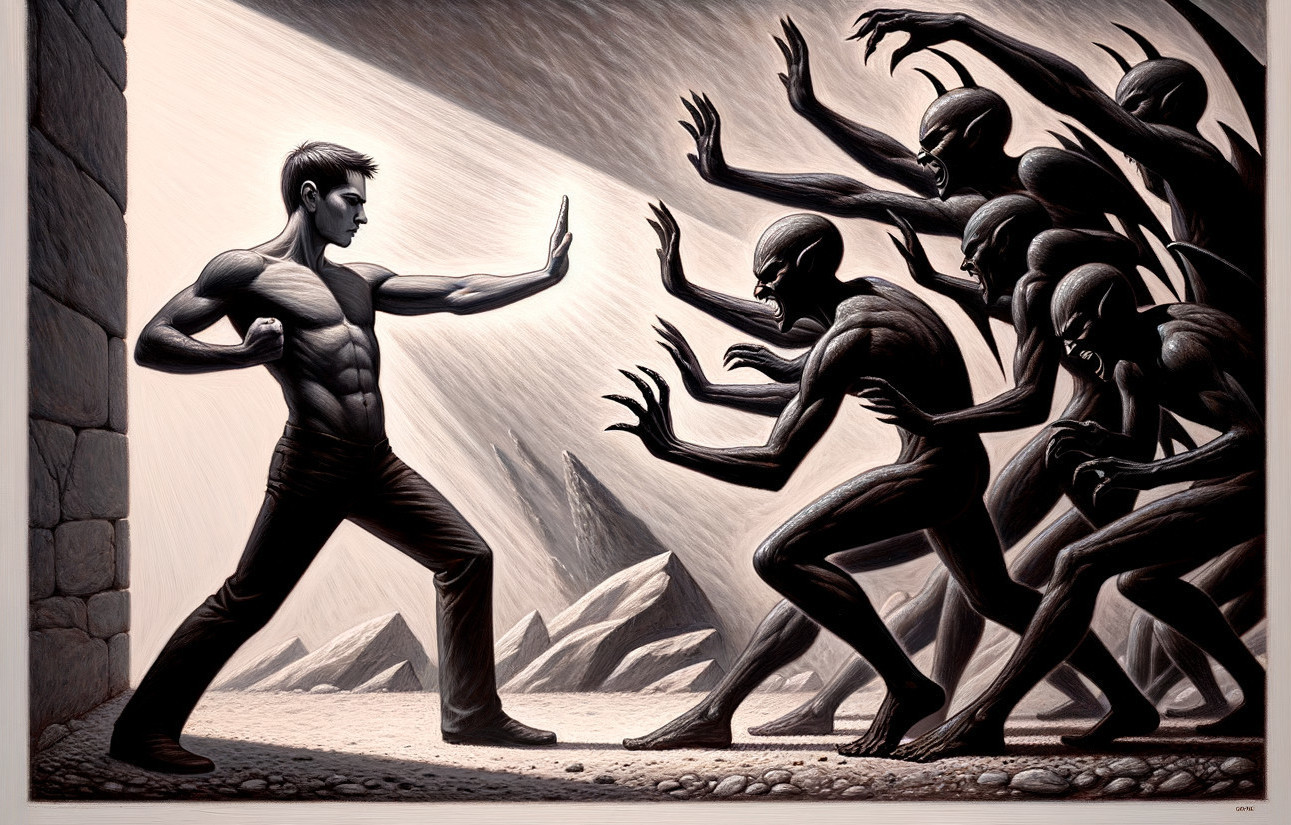 Muscular Figure Confronts Shadowy Monstrous Beings