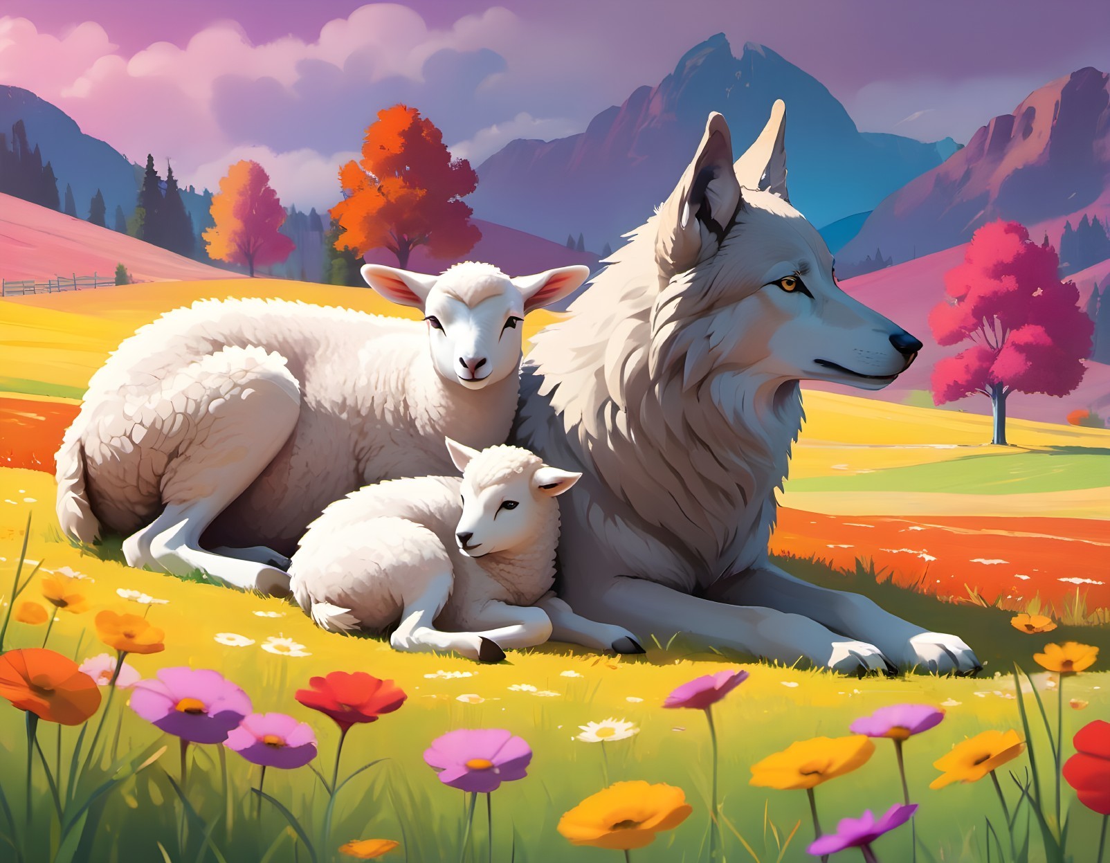 Wolf peacefully with two sheep in colorful meadow under vibrant sky