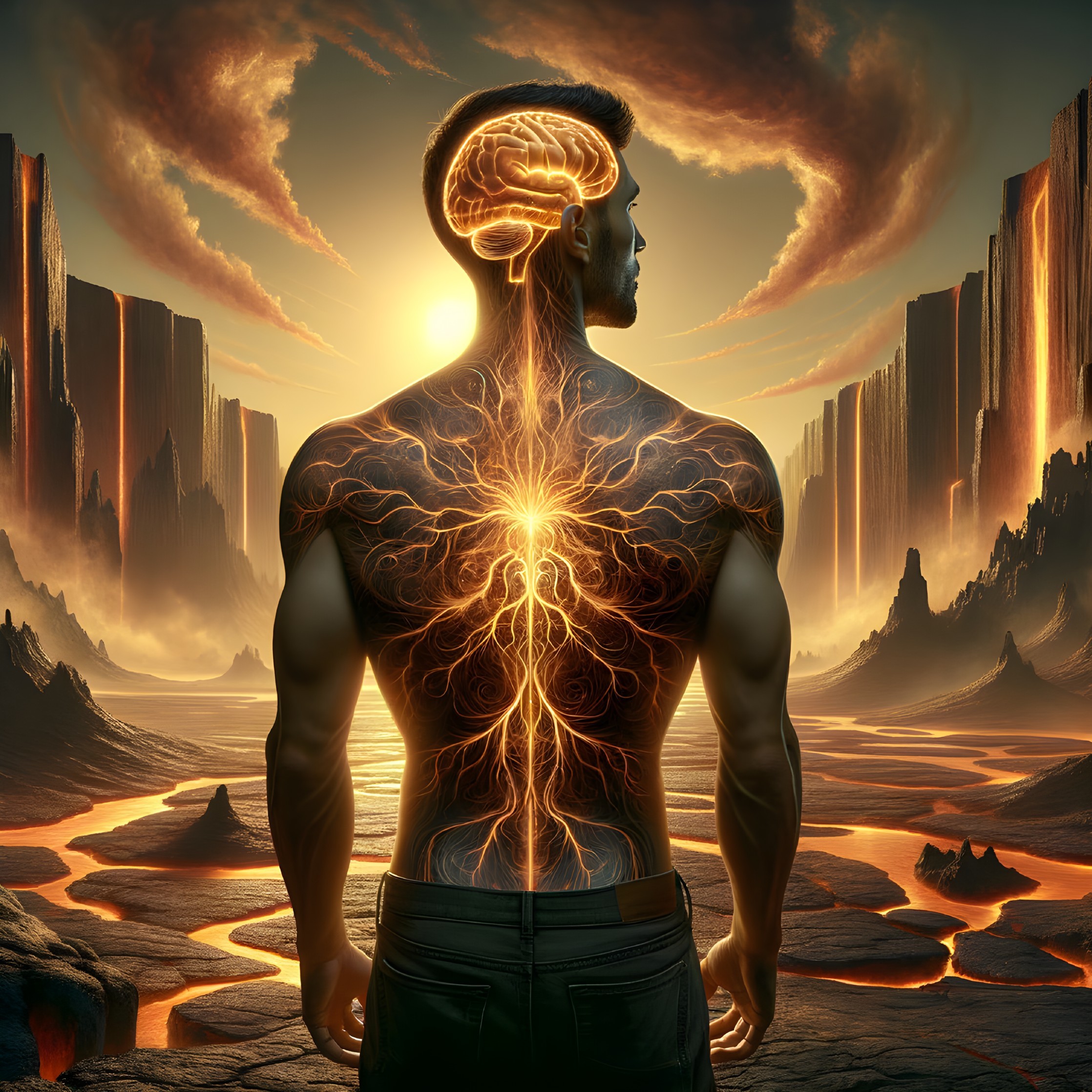 Muscular Figure with Neural Network in Dramatic Landscape