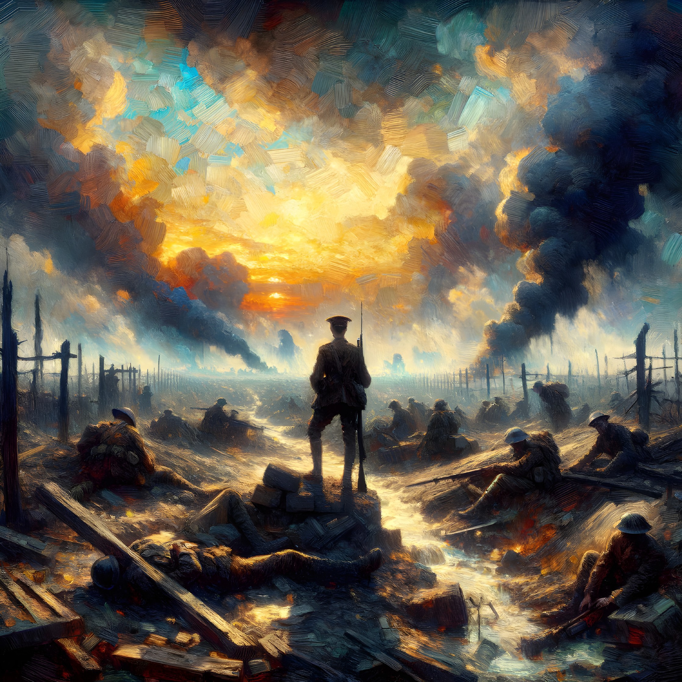 Dramatic Battlefield Scene at Dusk with Soldier
