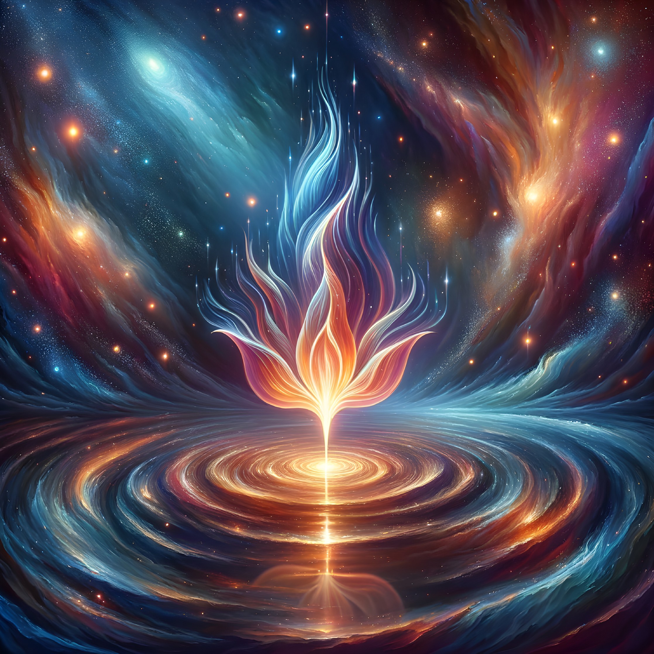 Vibrant fiery spiral galaxy with glowing lotus flame in cosmic starscape