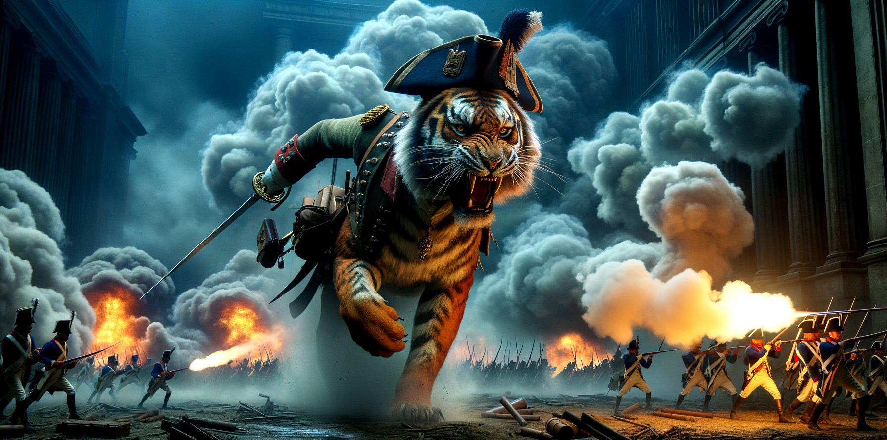 Tiger in Military Uniform on Chaotic Battlefield