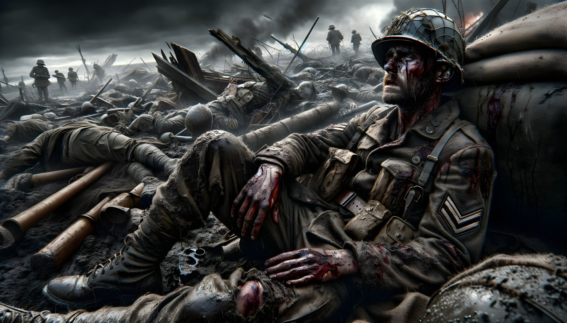 Soldier in War-Torn Landscape Amidst Chaos and Tragedy