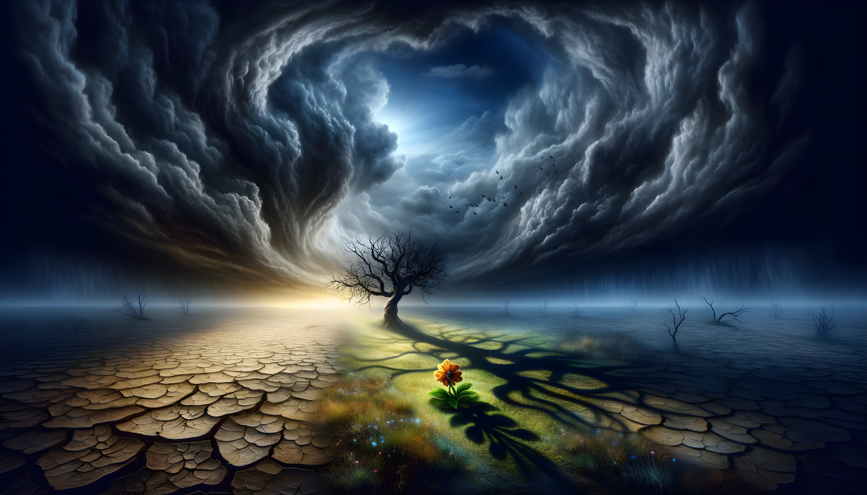 Solitary Tree in Surreal Landscape with Vibrant Flower
