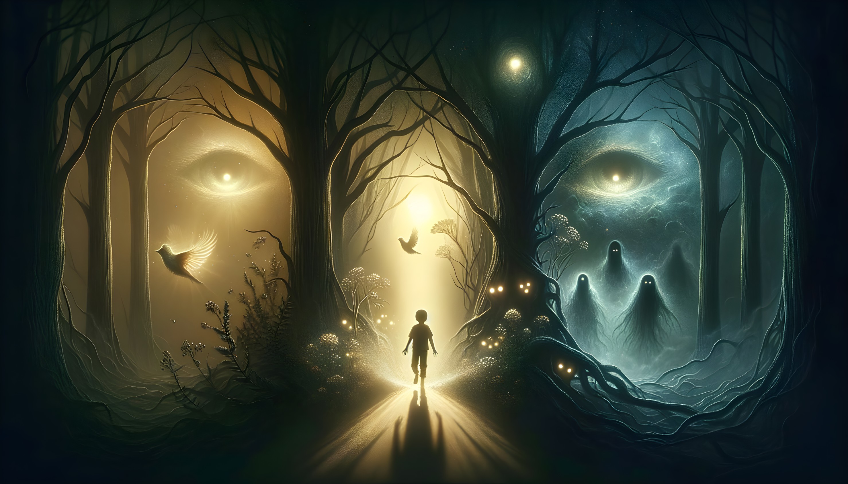 Mystical Forest with Child Silhouette and Spirits