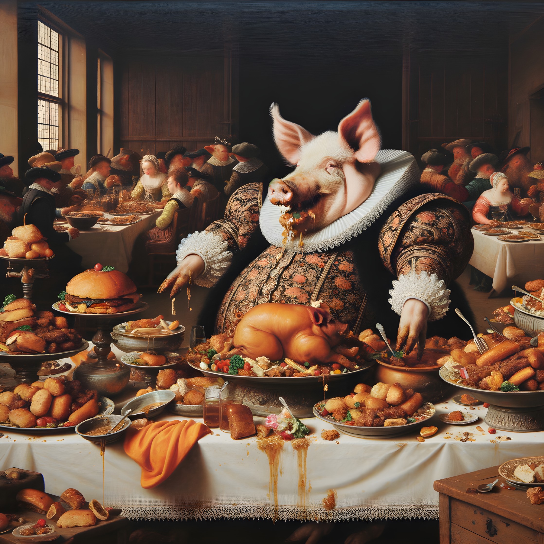 Anthropomorphic Pigs in Elizabethan Attire at Banquet